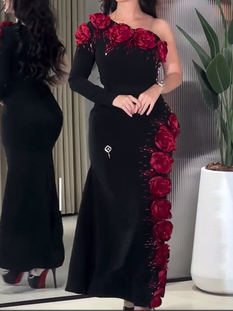 Black Sloping Shoulder Slim Fit Red Diamond Inlaid Flower Elastic Dress Evening Gown (Including 1 Belt)-XT240927HSHD