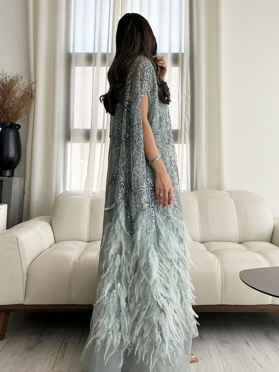 Light Blue High-End Fabric Feather Sequin Cape Patchwork Dress Kaftan Robe-AM24080104HDYM