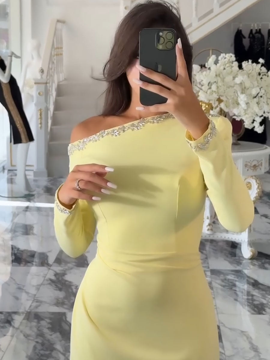 Light Yellow Slanted Shoulder Rhinestone Dress Evening Gown-YL2577HSTZ