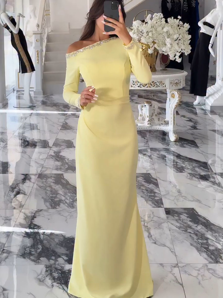 Light Yellow Slanted Shoulder Rhinestone Dress Evening Gown-YL2577HSTZ