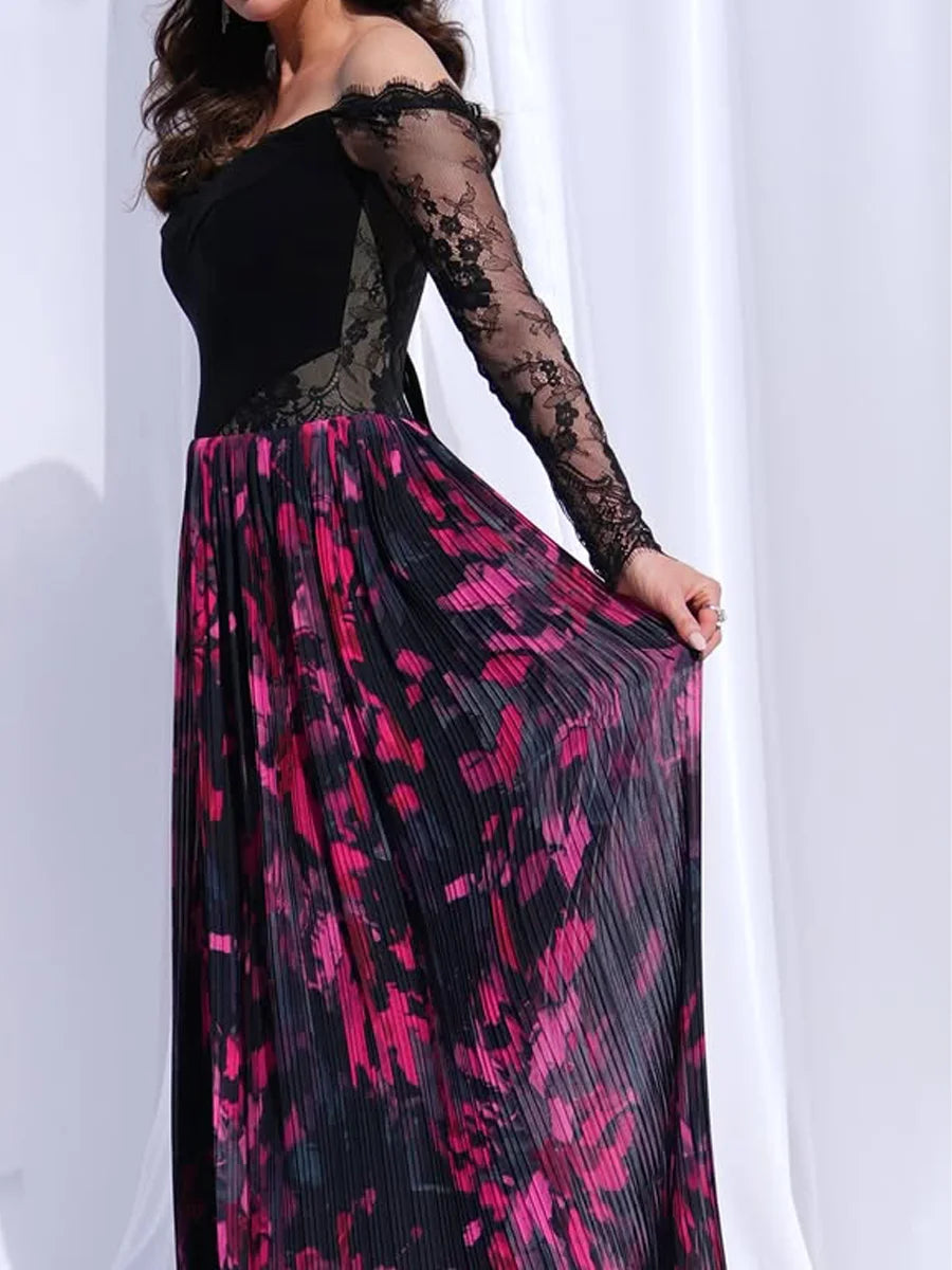 Black Lace Patchwork Flower Printed Pleated Maxi Dress-YL250512PJYH