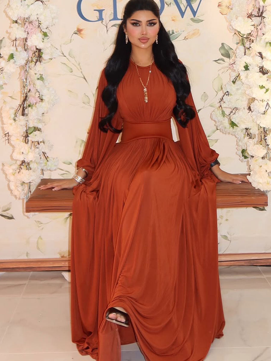 Orange Brown Round Neck Waist Cinched Bat Sleeve Maxi Dress-YL250528JSYZ