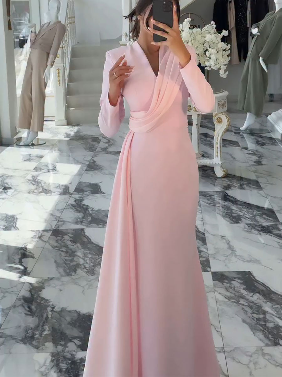 Pink V-Neck Pleated Ribbon Maxi Dress Evening Dress-LL2576FSDM