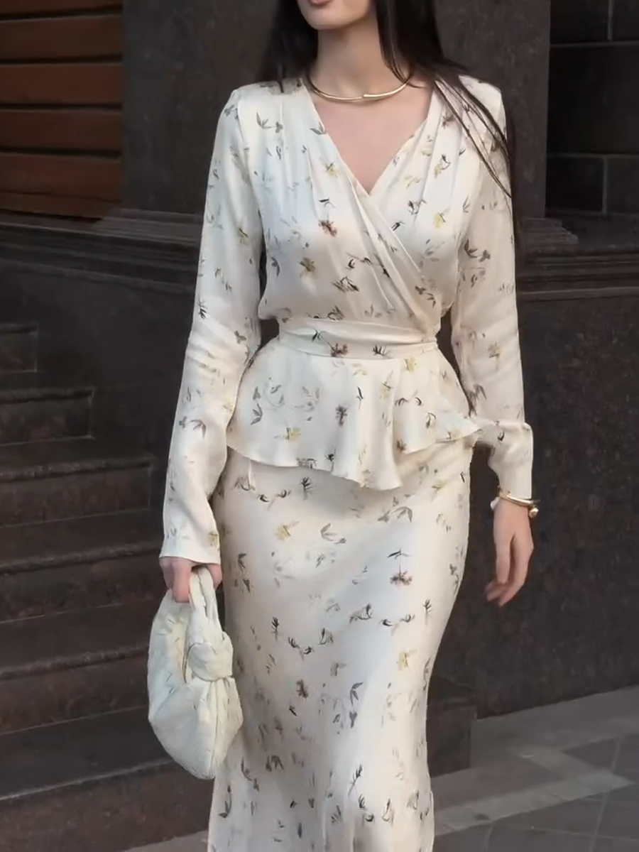 White Silk Stain Floral Printed Top+Long Skirt 2-Pcs Set-LL250527BSYH