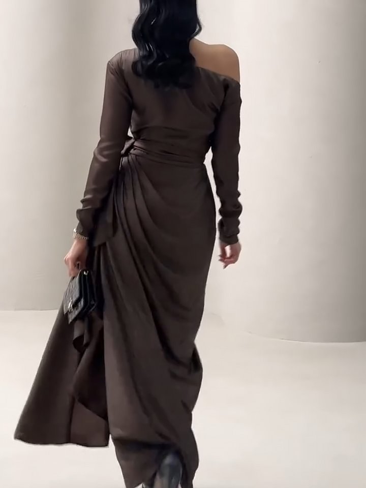 Brown Satin Irregular Lace Up Dress-LL250506ZSXJ