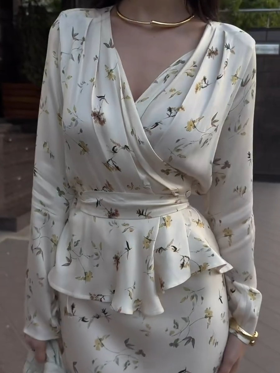 White Silk Stain Floral Printed Top+Long Skirt 2-Pcs Set-LL250527BSYH