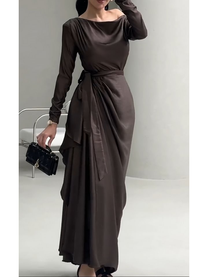 Brown Satin Irregular Lace Up Dress-LL250506ZSXJ