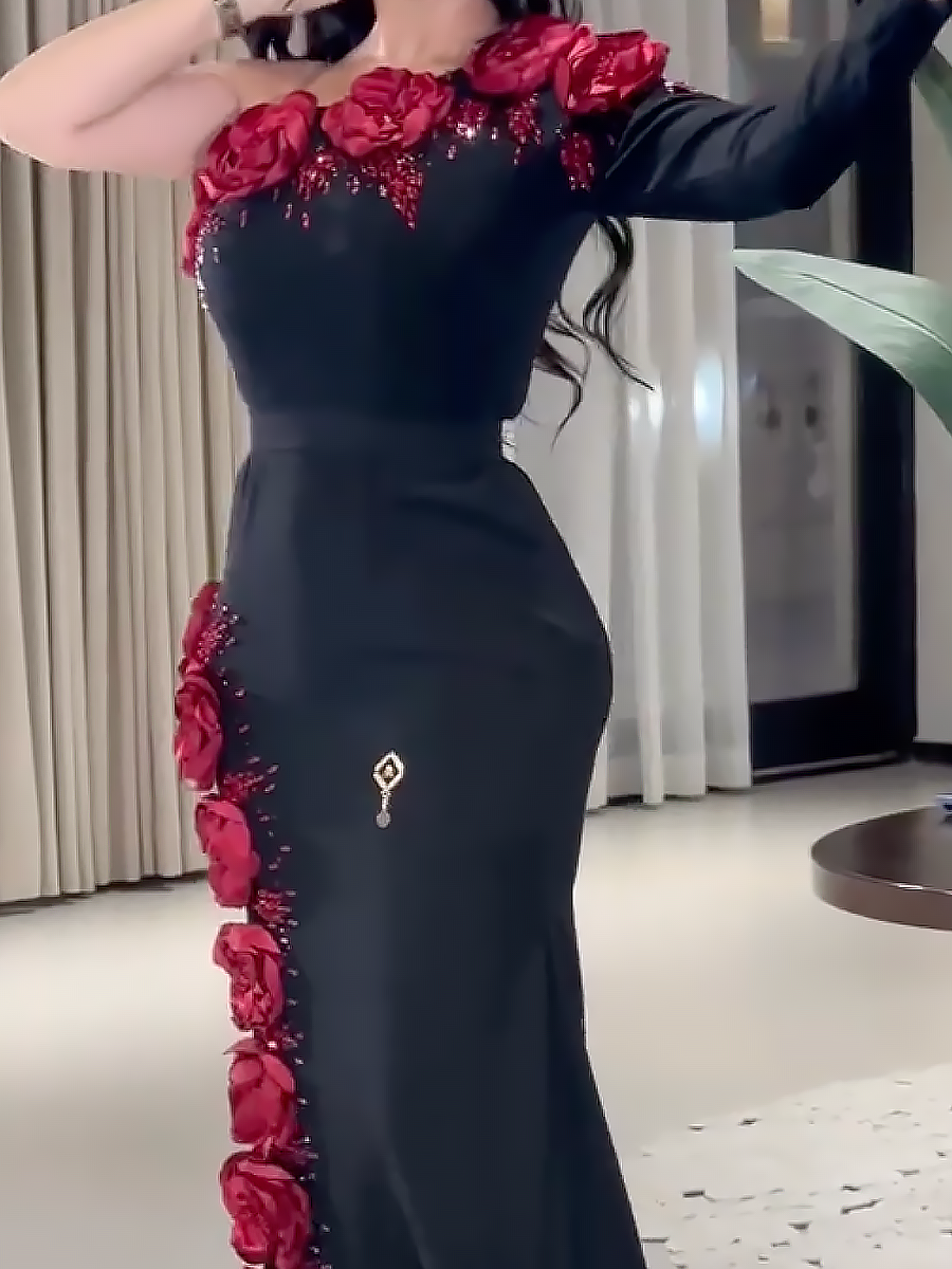 Black Sloping Shoulder Slim Fit Red Diamond Inlaid Flower Elastic Dress Evening Gown (Including 1 Belt)-XT240927HSHD