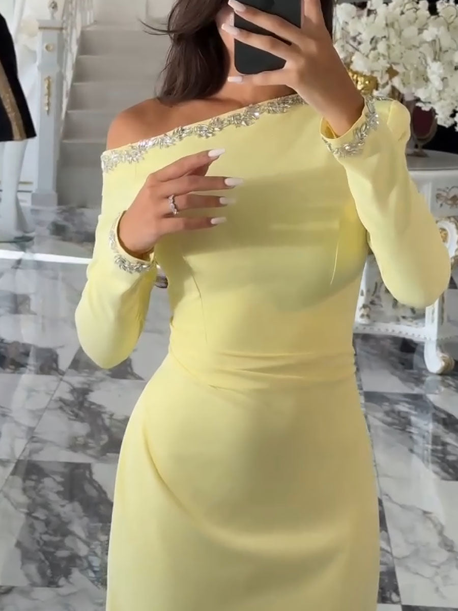Light Yellow Slanted Shoulder Rhinestone Dress Evening Gown-YL2577HSTZ