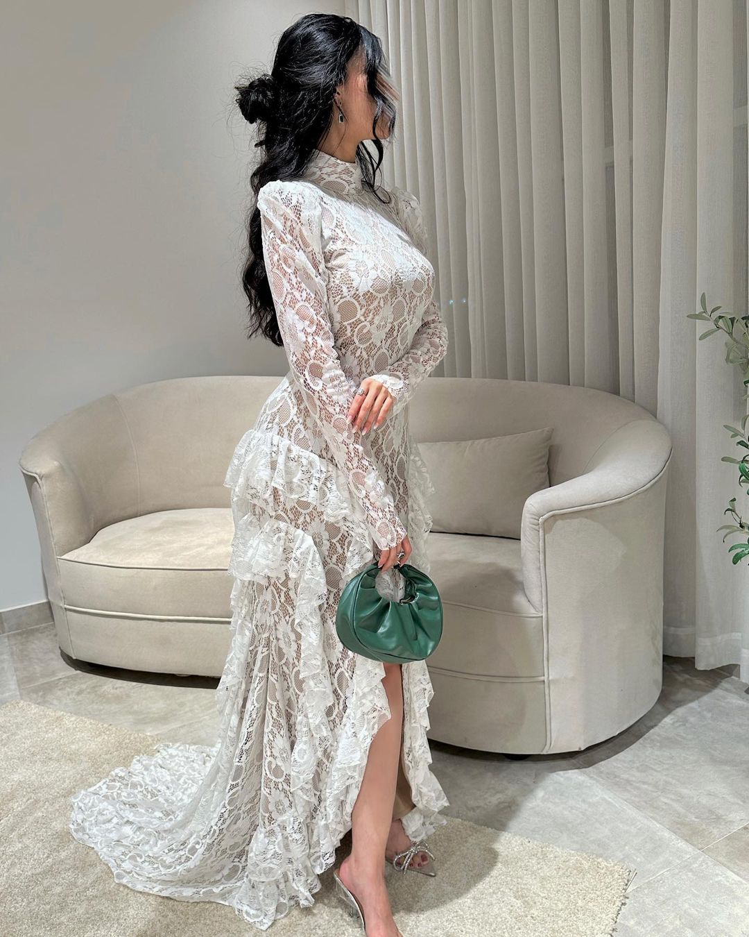 White Elegant Lace Backless Slim Fit Fishtail Skirt With Short Front And Long Back, Floor Length Dress-VK240921BLS