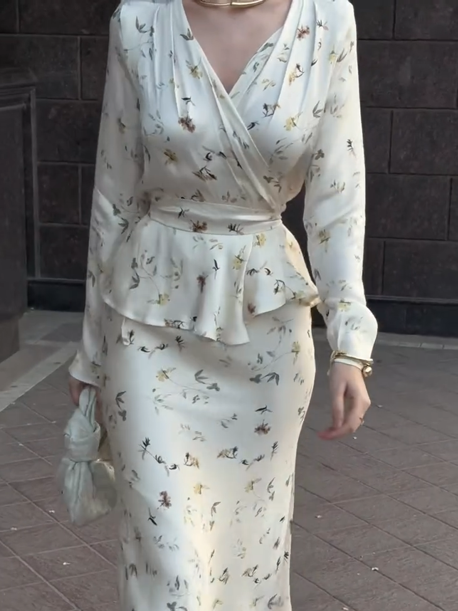 White Silk Stain Floral Printed Top+Long Skirt 2-Pcs Set-LL250527BSYH