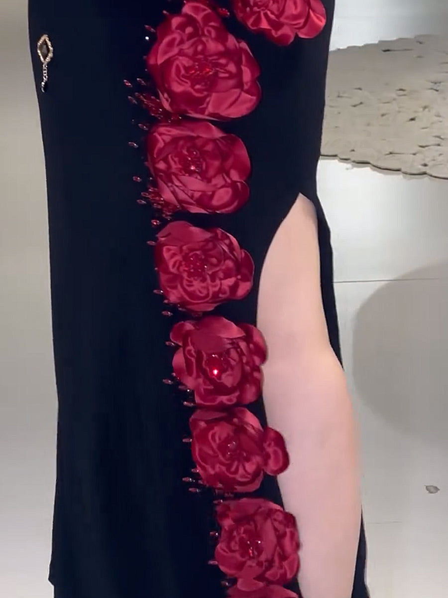 Black Sloping Shoulder Slim Fit Red Diamond Inlaid Flower Elastic Dress Evening Gown (Including 1 Belt)-XT240927HSHD