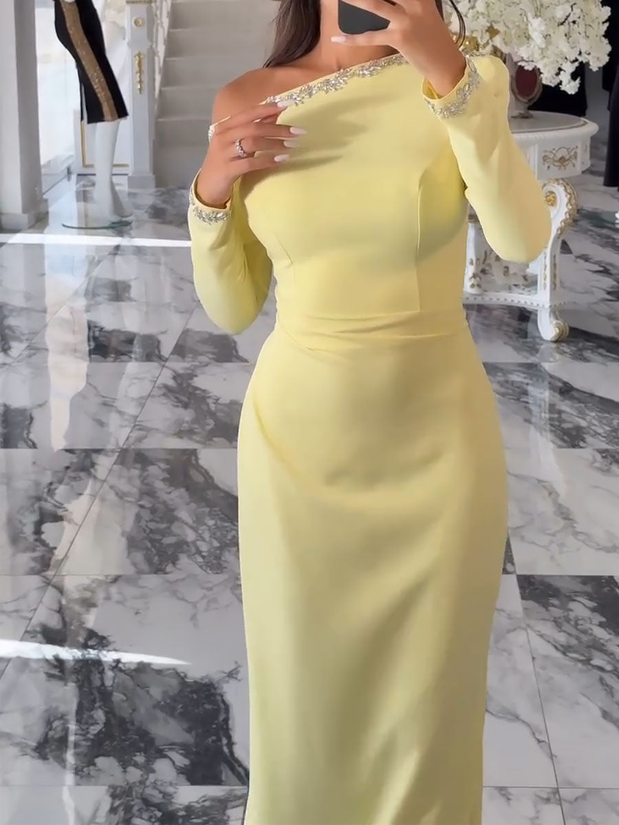 Light Yellow Slanted Shoulder Rhinestone Dress Evening Gown-YL2577HSTZ