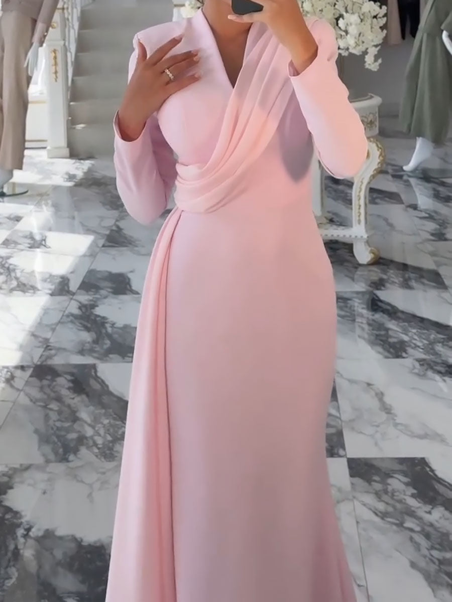 Pink V-Neck Pleated Ribbon Maxi Dress Evening Dress-LL2576FSDM