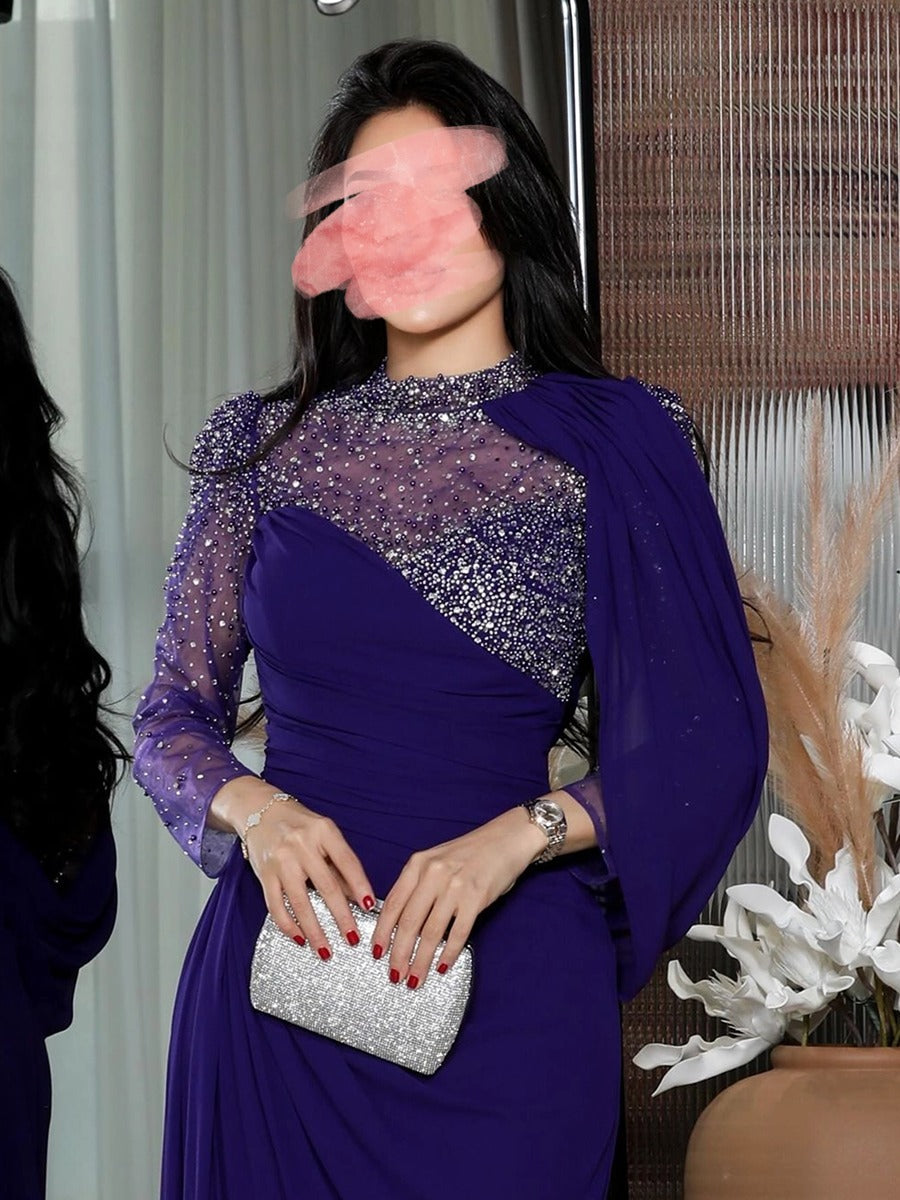Rhinestone-Trimmed Irregular Design Dark Purple Evening Dress-SL24062101
