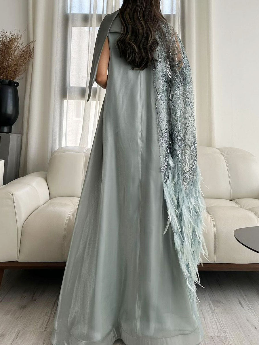Light Blue High-End Fabric Feather Sequin Cape Patchwork Dress Kaftan Robe-AM24080104HDYM