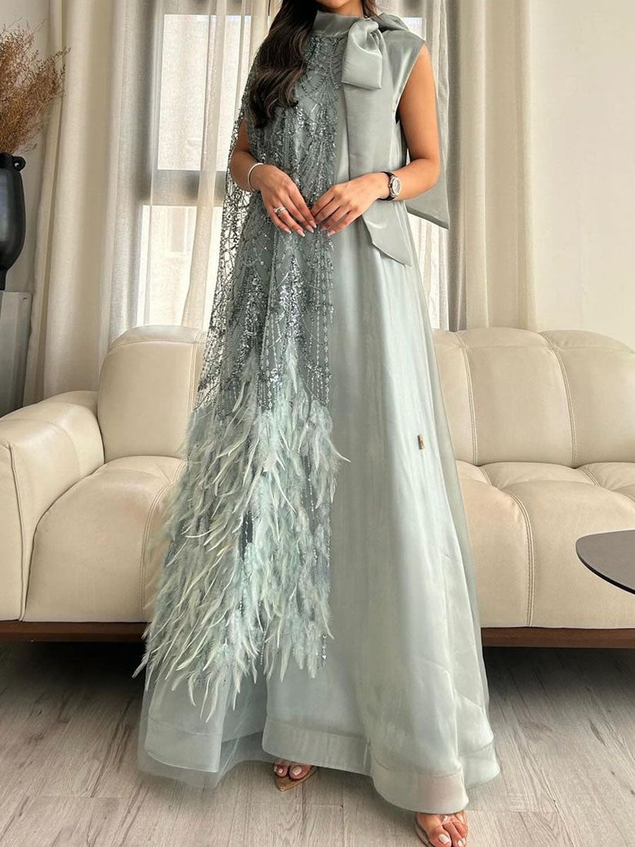 Light Blue High-End Fabric Feather Sequin Cape Patchwork Dress Kaftan Robe-AM24080104HDYM
