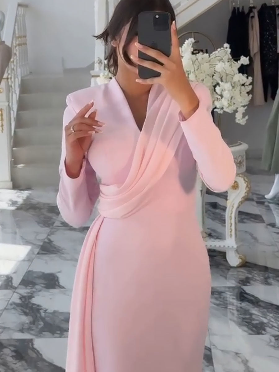 Pink V-Neck Pleated Ribbon Maxi Dress Evening Dress-LL2576FSDM