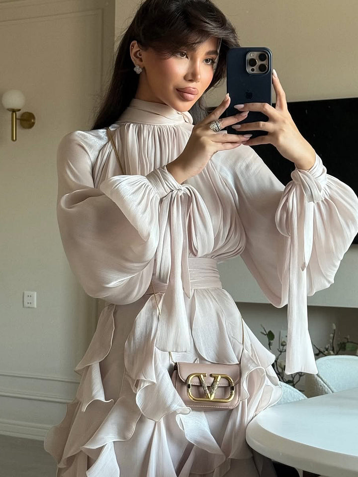 Apricot Powder Wrinkled Satin Irregular Ruffle Hem Long Dress (Including 1 Lace Up Waistband)-LL250604HSDM