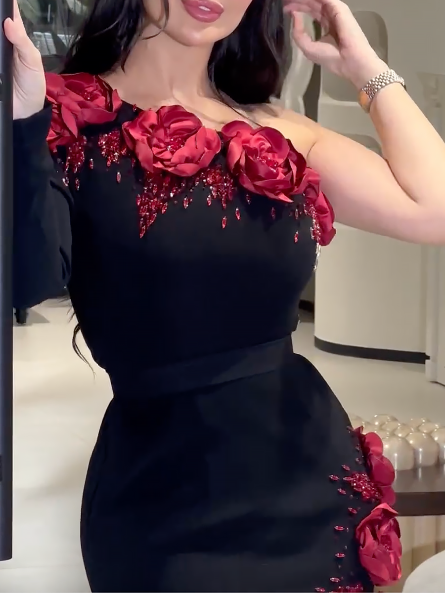 Black Sloping Shoulder Slim Fit Red Diamond Inlaid Flower Elastic Dress Evening Gown (Including 1 Belt)-XT240927HSHD
