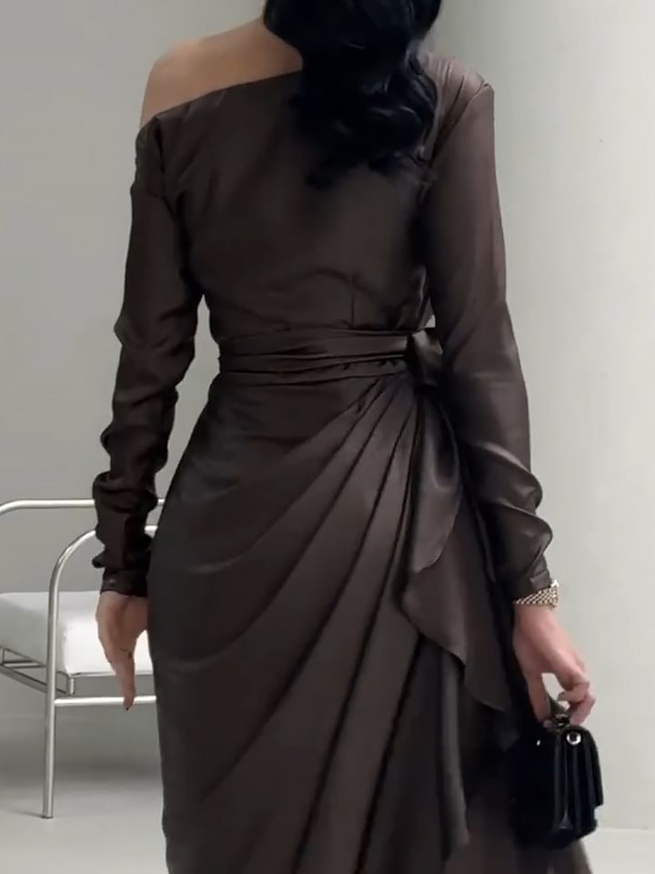 Brown Satin Irregular Lace Up Dress-LL250506ZSXJ