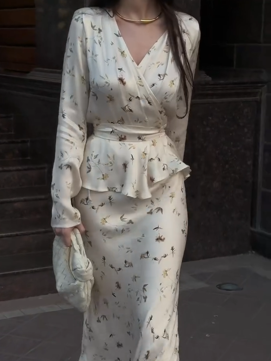 White Silk Stain Floral Printed Top+Long Skirt 2-Pcs Set-LL250527BSYH