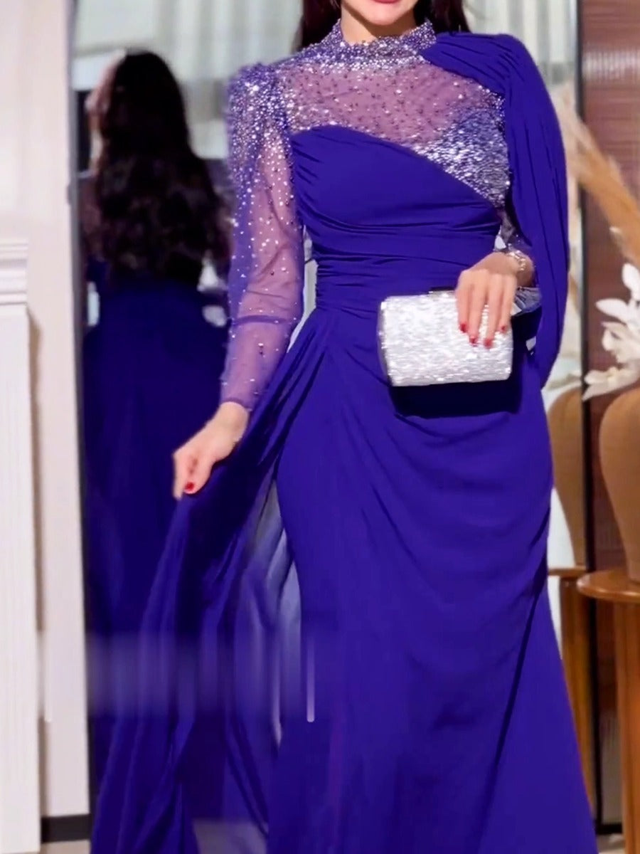 Rhinestone-Trimmed Irregular Design Dark Purple Evening Dress-SL24062101