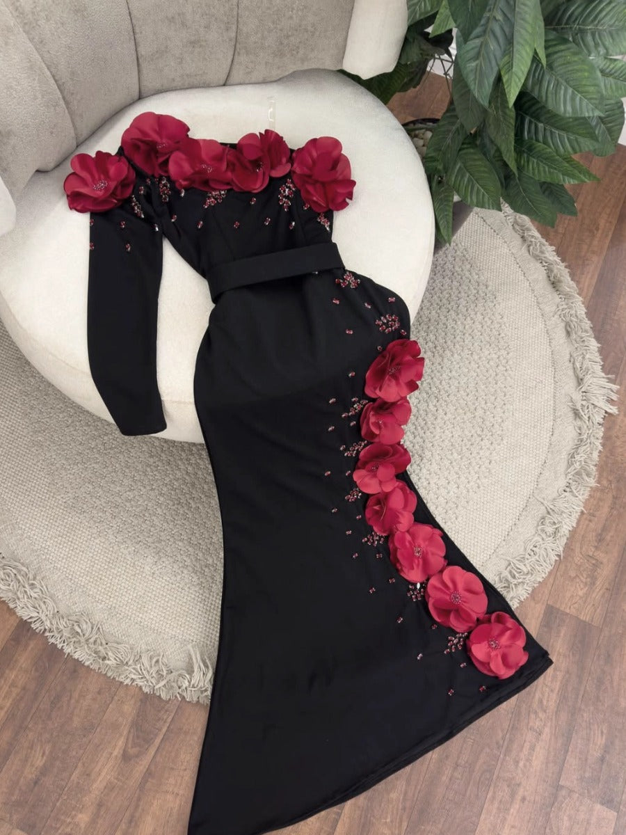 Black Sloping Shoulder Slim Fit Red Diamond Inlaid Flower Elastic Dress Evening Gown (Including 1 Belt)-XT240927HSHD