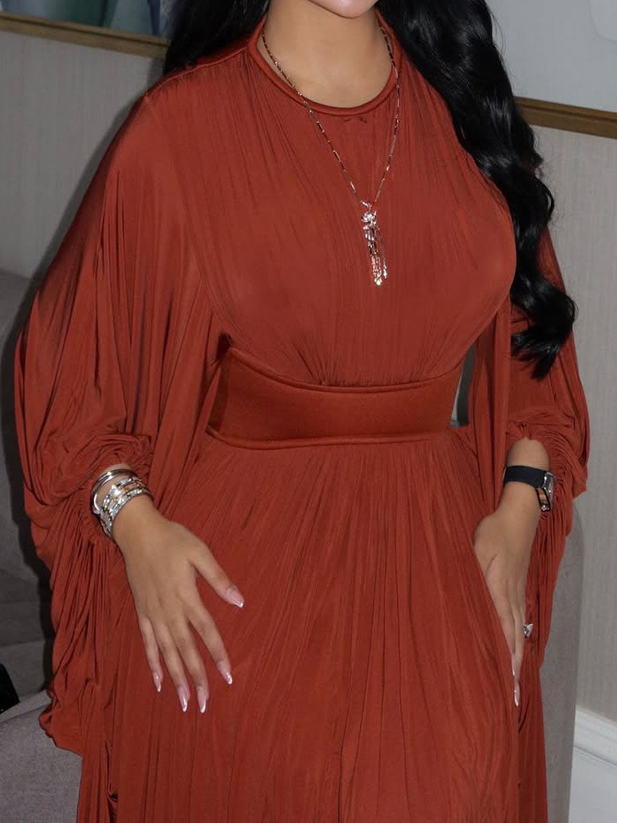 Orange Brown Round Neck Waist Cinched Bat Sleeve Maxi Dress-YL250528JSYZ