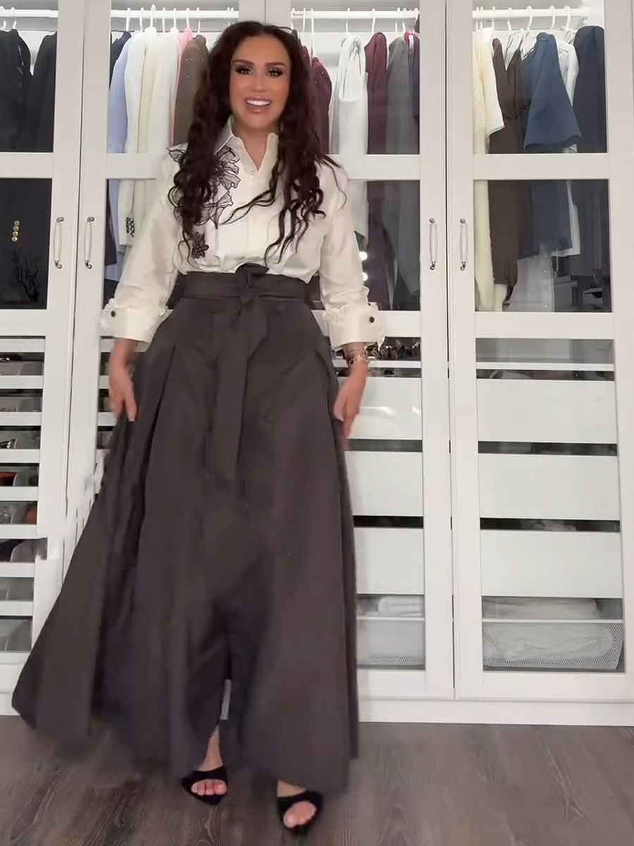 Embroidered Nail Bead Top Shirt+Brown Skirt 2-Piece Set-YL250604LJT