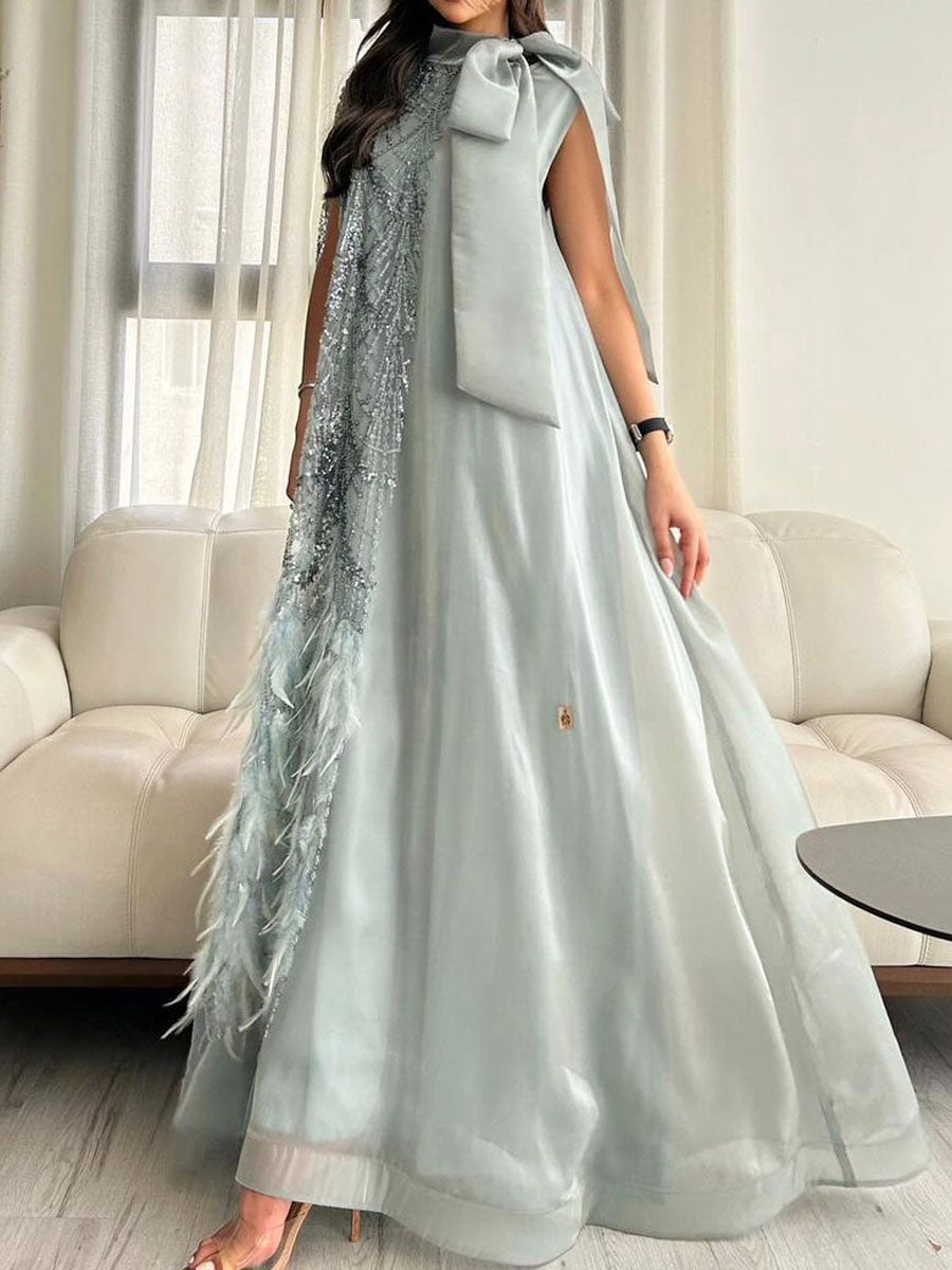 Light Blue High-End Fabric Feather Sequin Cape Patchwork Dress Kaftan Robe-AM24080104HDYM