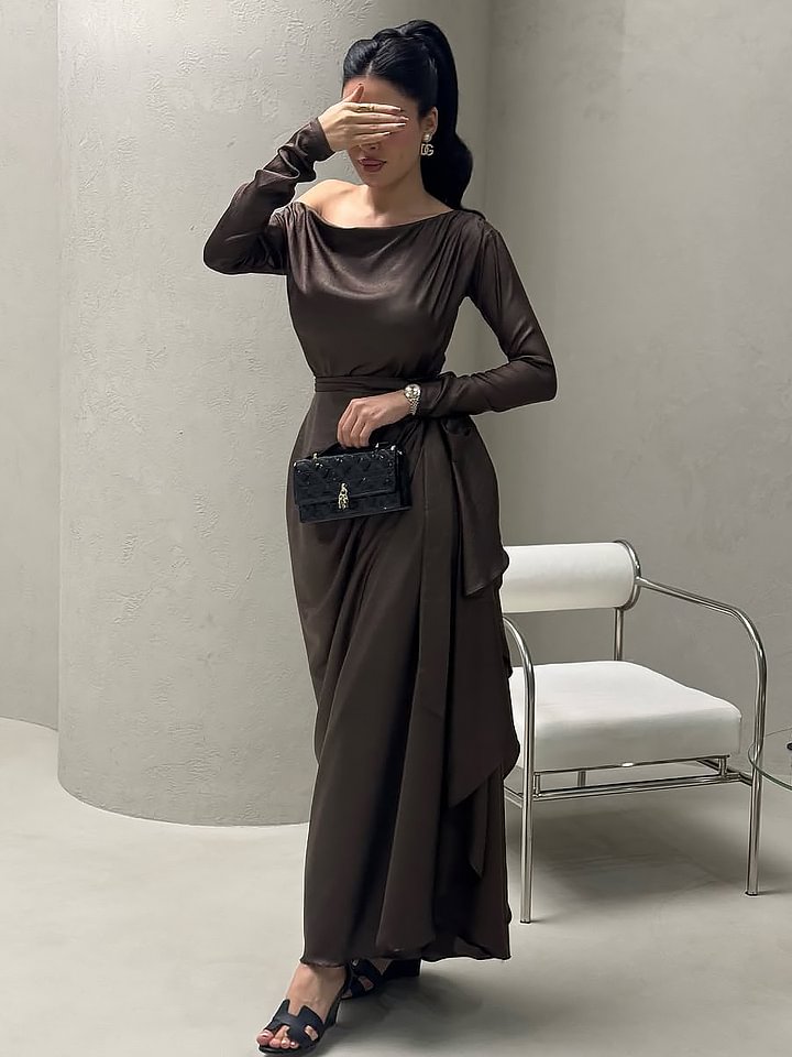 Brown Satin Irregular Lace Up Dress-LL250506ZSXJ