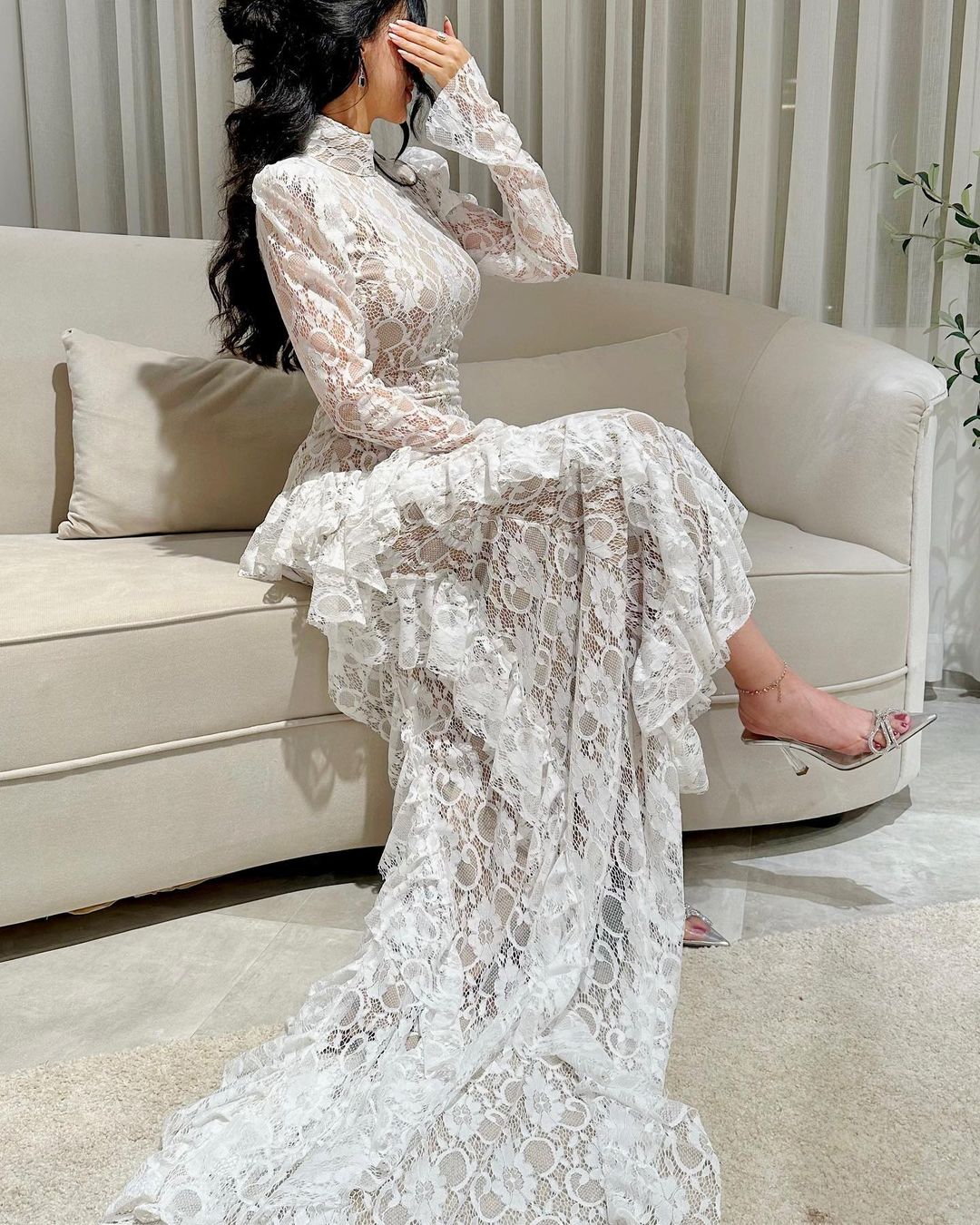 White Elegant Lace Backless Slim Fit Fishtail Skirt With Short Front And Long Back, Floor Length Dress-VK240921BLS