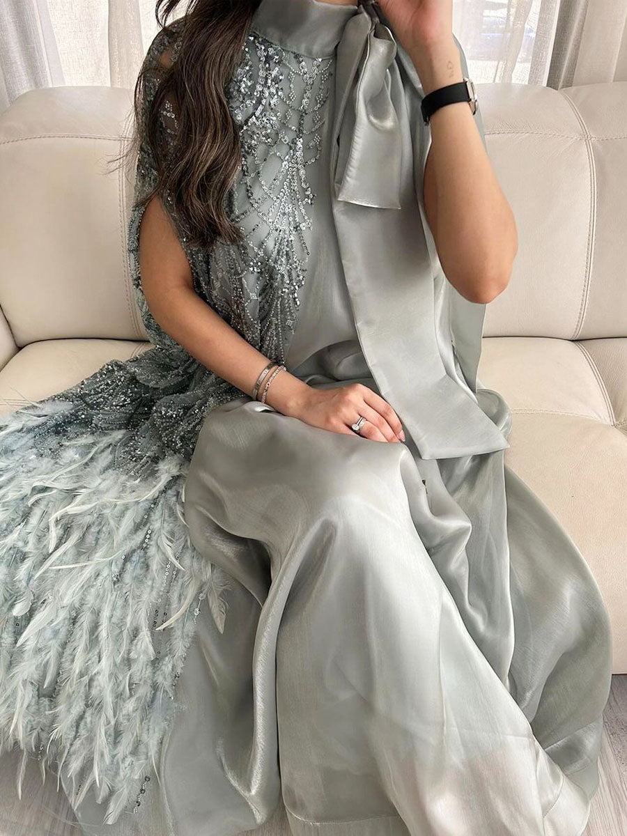 Light Blue High-End Fabric Feather Sequin Cape Patchwork Dress Kaftan Robe-AM24080104HDYM